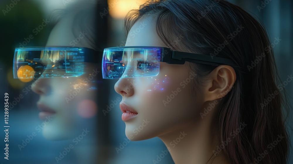 Young Asian woman wearing AR smart glasses with futuristic HUD display. East Asian female experiencing augmented reality technology with holographic interface overlay. 8k Young Asian woman wearing AR smart glasses with futuristic HUD display. East Asian female experiencing augmented reality technology with holographic interface overlay. 8k