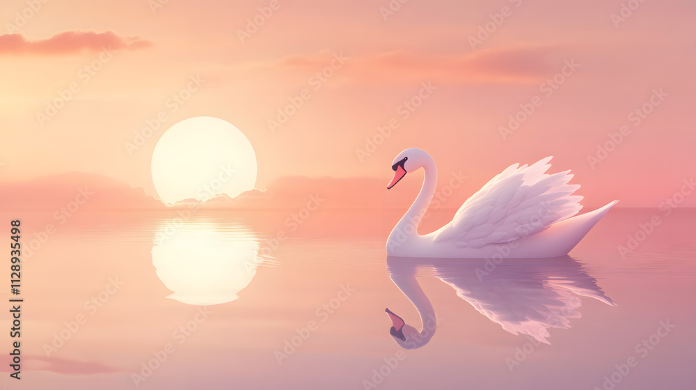 Fototapeta premium A graceful cartoon swan gliding across a calm lake under a pastel sunset.