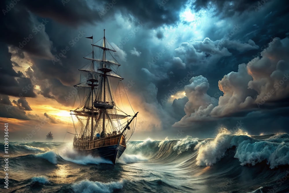 Dramatic Low Light Photography of a Sailing Ship Braving a Stormy Ocean, Capturing the Intensity and Power of Nature in a Twilight Setting Dramatic Low Light Photography of a Sailing Ship Braving a Stormy Ocean, Capturing the Intensity and Power of Nature in a Twilight Setting