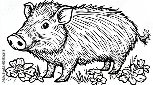 Charming Black And White Illustration Of A Collared Peccary Amidst Blossoms