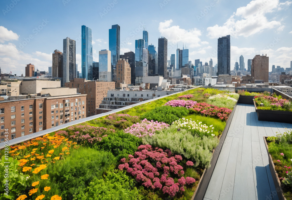 Fototapeta premium Vibrant Rooftop Garden Oasis Overlooking Modern City Skyline
