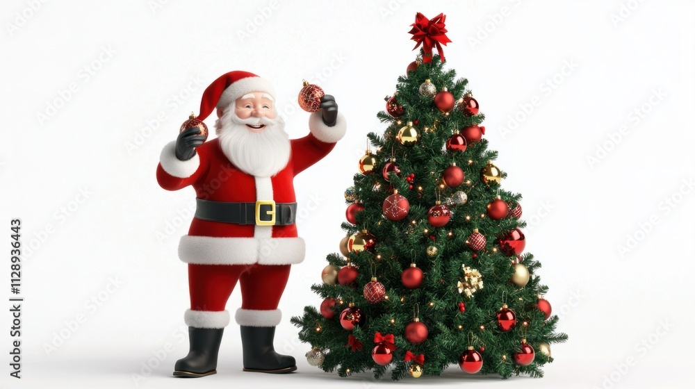Smiling 3D Santa Claus decorating a Christmas tree with ornaments, standing in a festive pose, on white Smiling 3D Santa Claus decorating a Christmas tree with ornaments, standing in a festive pose, on white