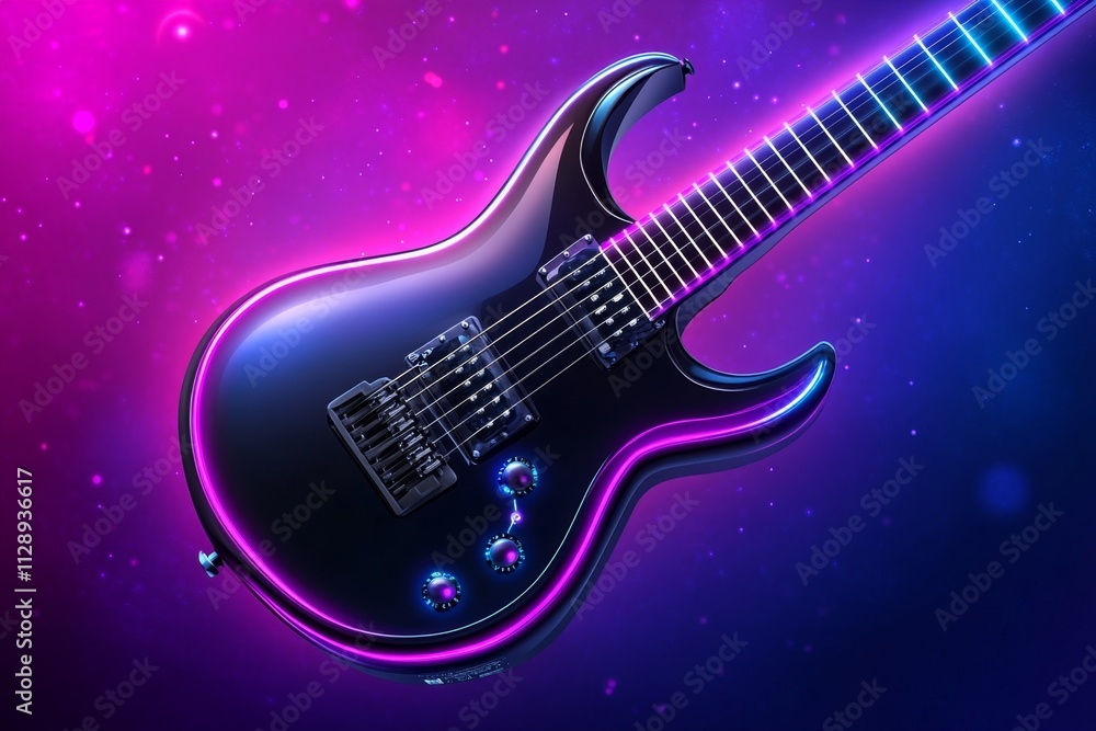 Obraz premium A cyberpunk-themed depiction of an electric guitar with neon strings, holographic controls, and glowing accents set in a futuristic concert setting