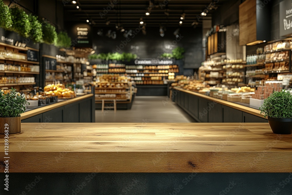 Empty wooden counter in a modern, well-lit grocery store with various food products on shelves. Empty wooden counter in a modern, well-lit grocery store with various food products on shelves.