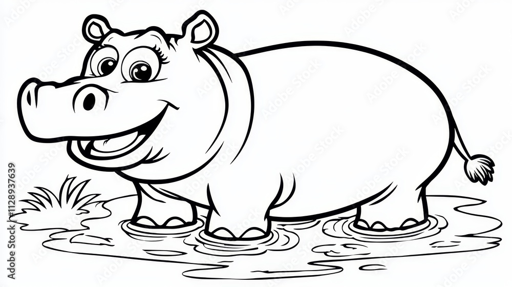 Happy Hippopotamus in Water Coloring Page Illustration Happy Hippopotamus in Water Coloring Page Illustration