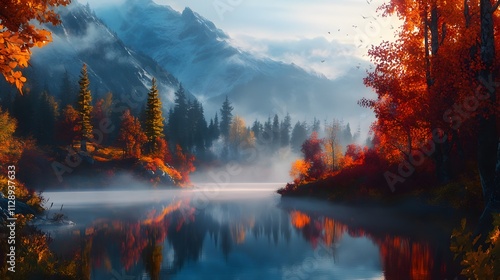 Autumn Lake Landscape Illustration