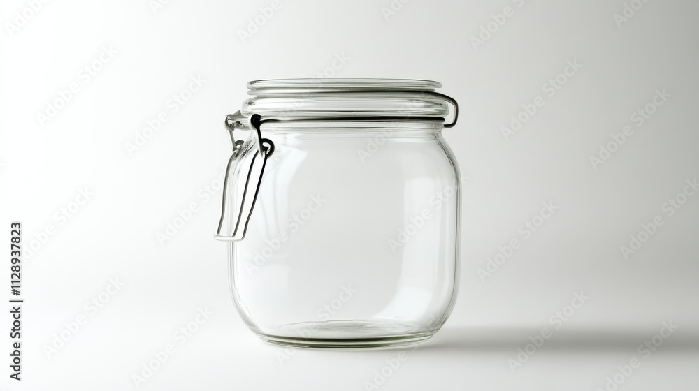 A Crystal-Clear Empty Glass Jar with a Metal Clasp Lid on a White Background Studio Shot A Crystal-Clear Empty Glass Jar with a Metal Clasp Lid on a White Background Studio Shot