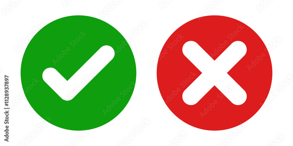 Set of green checkmark, red cross, x mark icon, flat rounded right and wrong sign concept vector illustration. tick mark symbol and x cross icon in a circle shape - isolated Check mark buttons. Set of green checkmark, red cross, x mark icon, flat rounded right and wrong sign concept vector illustration. tick mark symbol and x cross icon in a circle shape - isolated Check mark buttons.