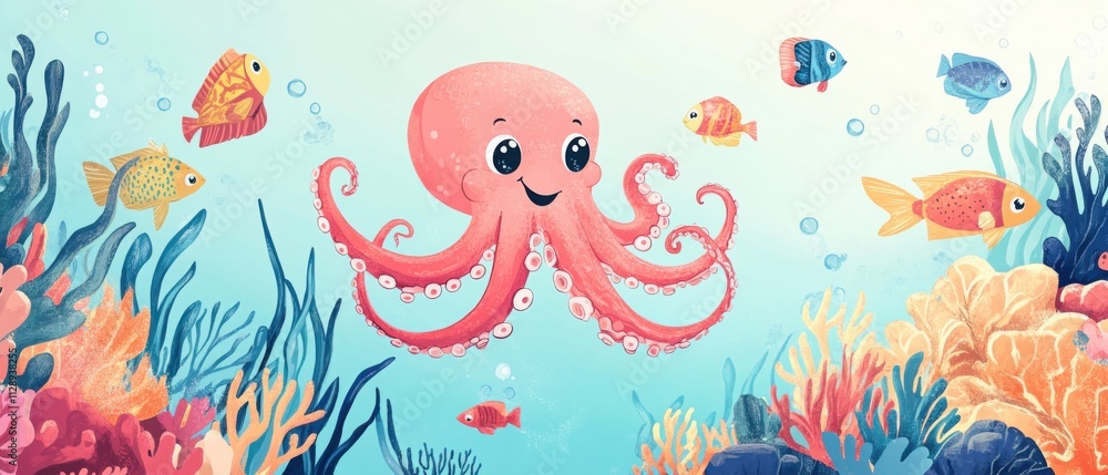 Happy Pink Octopus with Colorful Fish in Vibrant Coral Reef Illustration Happy Pink Octopus with Colorful Fish in Vibrant Coral Reef Illustration