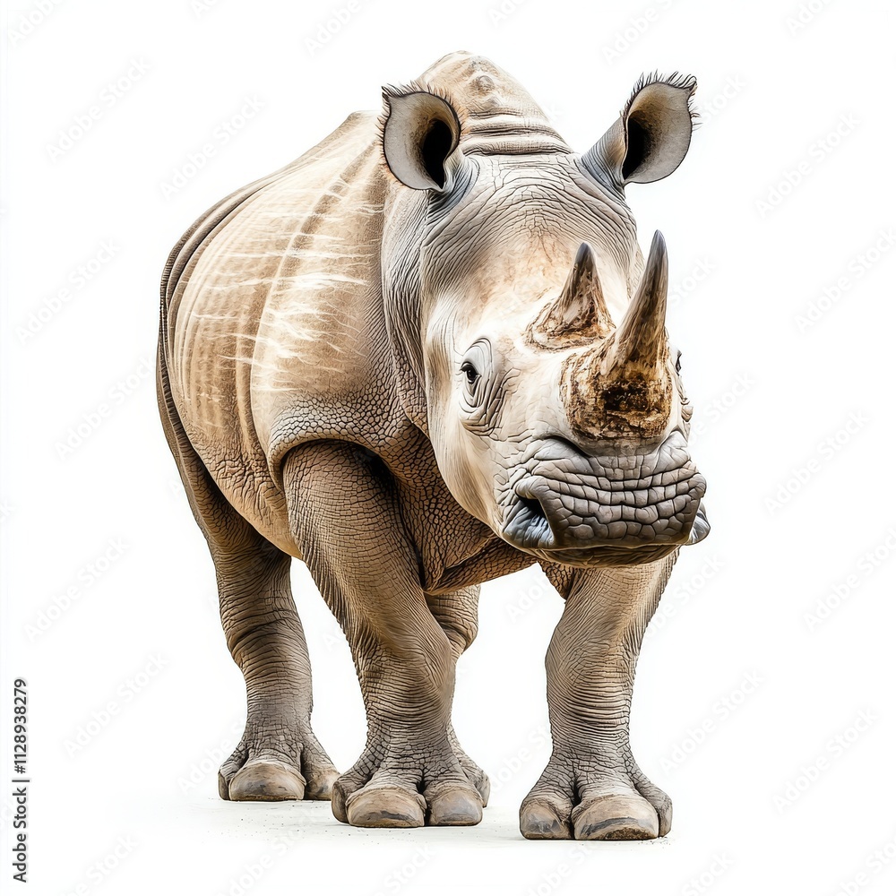 Fototapeta premium The white rhino stands confidently, showcasing its large horn and rugged skin, emphasizing its strength and beauty in a striking, isolated environment.