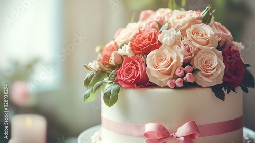A beautifully decorated cake topped with roses, perfect for celebrations.