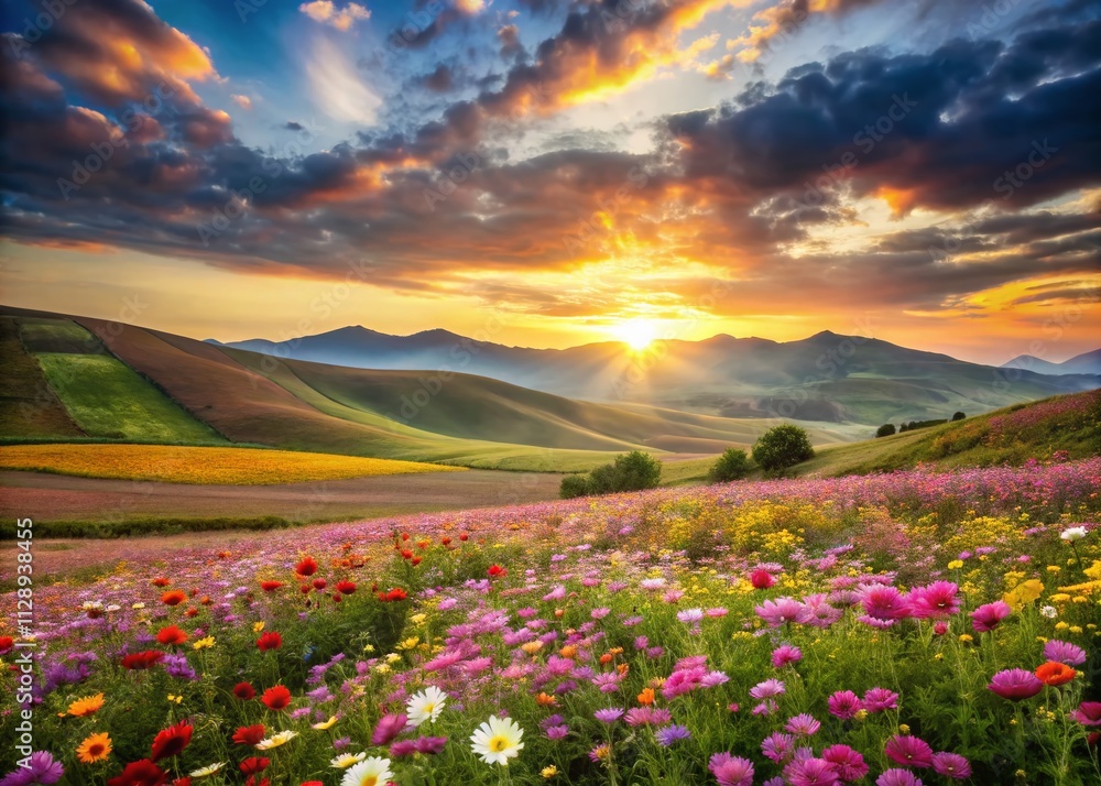 Fototapeta premium Dreamy Watercolor Landscape with Vibrant Flowers in a Serene Setting Captured in a Candid Style for Nature Lovers and Art Enthusiasts