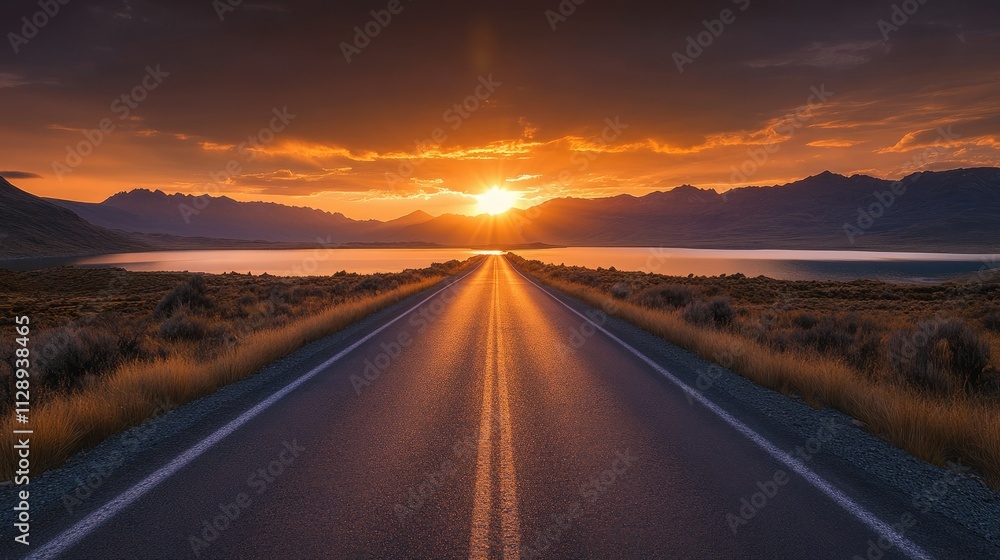 Fototapeta premium The empty road leading to the lake by sunset