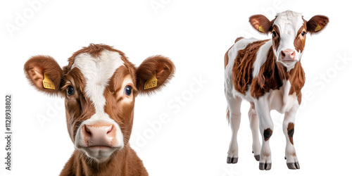 set of portrait and whole brown and white spotted cow isolated on a transparent background