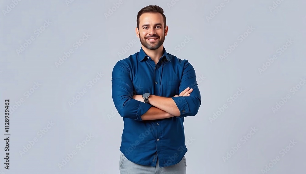 Modern businessman in deep blue shirt standing with crossed arms, isolated on gray background Modern businessman in deep blue shirt standing with crossed arms, isolated on gray background