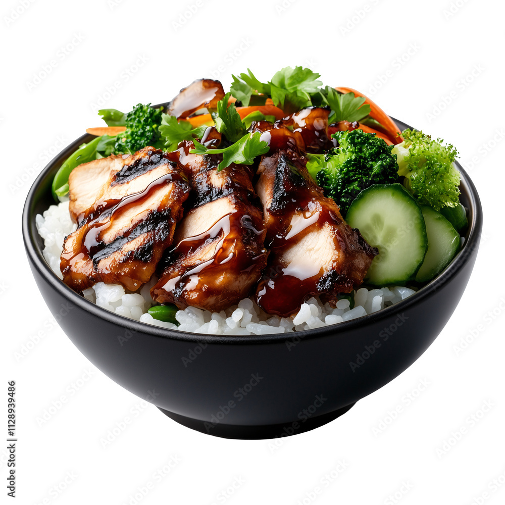 A bowl of rice topped with vegetables, grilled chicken, and a drizzle of teriyaki sauce isolated on a transparent background A bowl of rice topped with vegetables, grilled chicken, and a drizzle of teriyaki sauce isolated on a transparent background