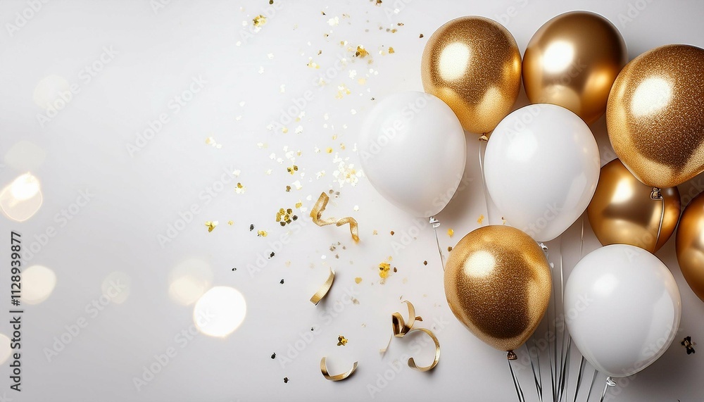 festive white and gold balloons and confetti on a white background celebration theme festive white and gold balloons and confetti on a white background celebration theme
