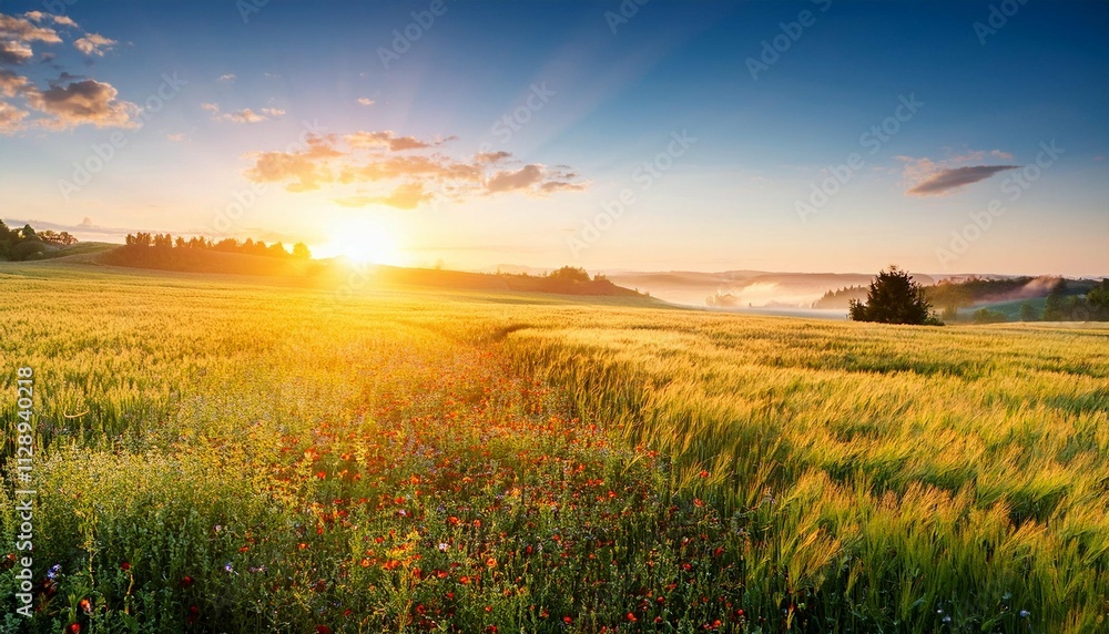 sunrise on fields summer sunny day in countryside sunrise on fields summer sunny day in countryside