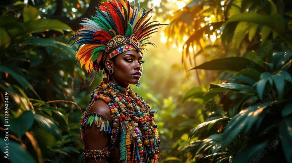 Fototapeta premium Woman in vibrant tribal attire and headdress in lush jungle setting, ideal for cultural, travel, or adventure-themed projects.