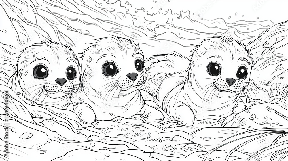 Fototapeta premium Three Adorable Seal Pups Huddled Together in a Rocky Crevice
