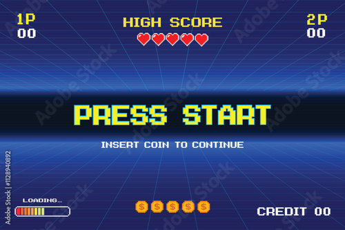 PRESS START. insert coin to continue. pixel art 8-bit game retro game. Retro Futurism Sci-Fi Background. glowing neon grid.