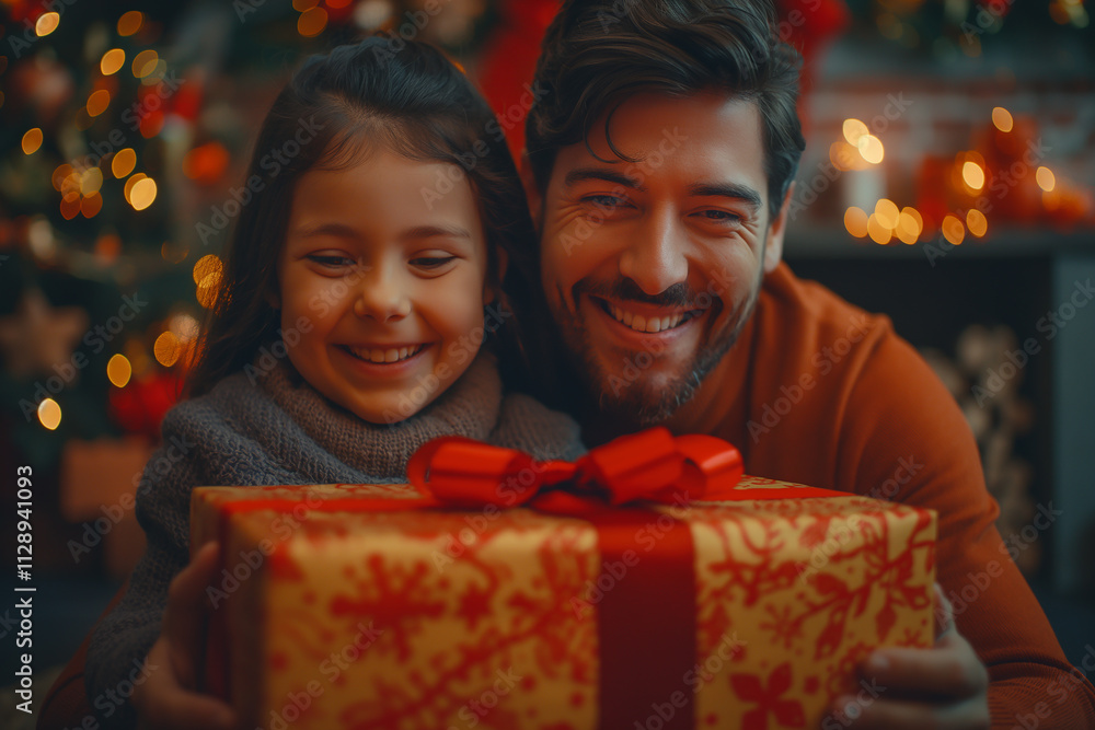 A man and a little girl are holding a red and gold wrapped gift A man and a little girl are holding a red and gold wrapped gift