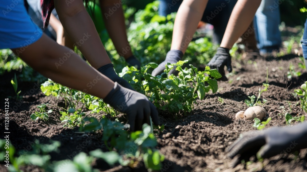 A community gardening project where people of different ethnicities cultivate a shared green space, Nurturing unity and sustainability through multicultural collaboration, photography style