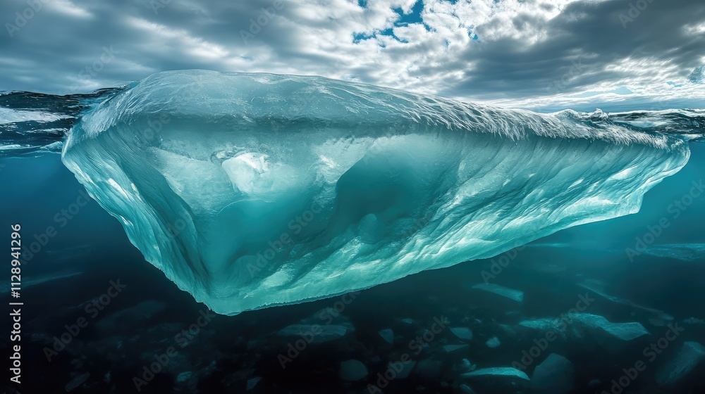 Fototapeta premium A frozen ice plate drifting underwater, its smooth surface and air pockets creating a fascinating interplay of light and texture
