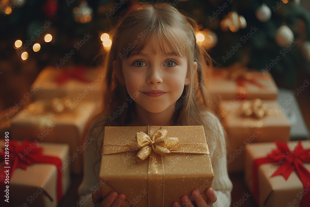 A young girl is holding a gold wrapped gift box A young girl is holding a gold wrapped gift box
