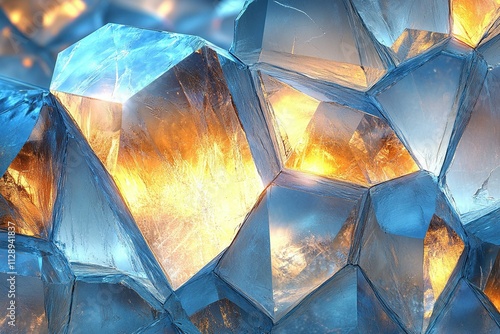 Close-up of glowing blue and orange crystals.