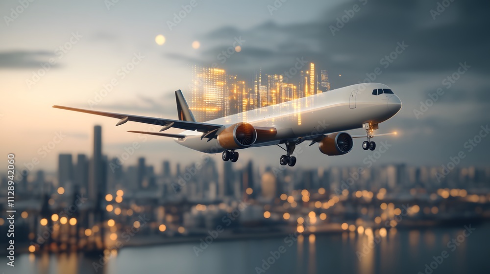 International freight plane flying high with holograms of supply chain data and trade routes in the atmosphere, 3D rendering International freight plane flying high with holograms of supply chain data and trade routes in the atmosphere, 3D rendering