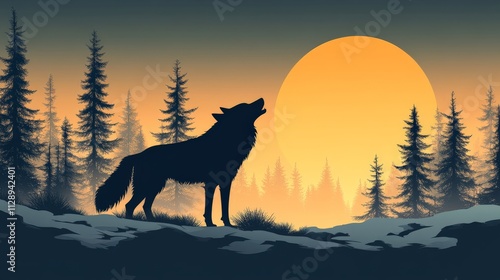 A flat 2D vector of a wolf howling, minimalist design, clean lines, on a white background. photo