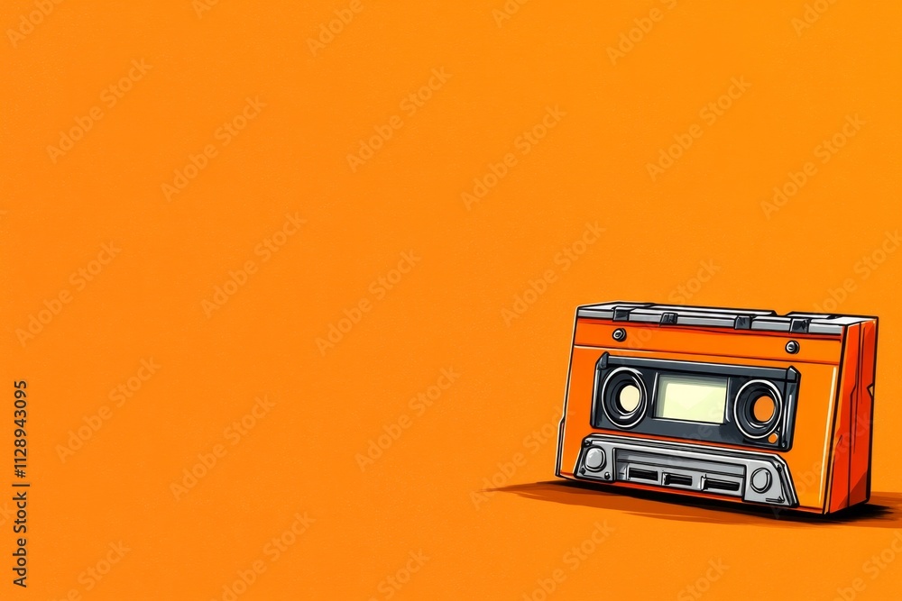 A minimalist flat design of a cassette halfway ejected from a player, drawn with simple shapes and muted tones A minimalist flat design of a cassette halfway ejected from a player, drawn with simple shapes and muted tones
