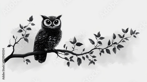 A flat, black and white 2D vector of an owl perched on a branch, minimalist and clean lines, white background. photo