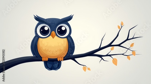 A flat, black and white 2D vector of an owl perched on a branch, minimalist and clean lines, white background.