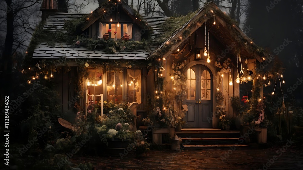 Obraz premium Enchanting, moss-covered cottage illuminated with fairy lights at night.