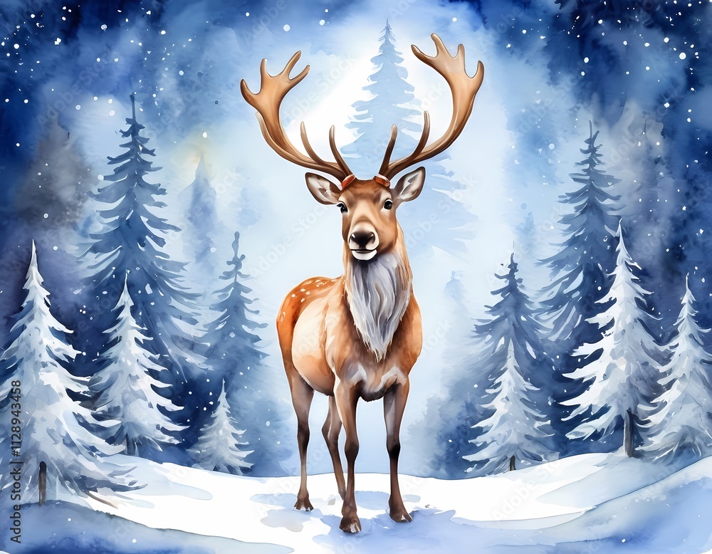 A cheerful reindeer stands in a snowy forest under glowing stars, creating a magical holiday scene A cheerful reindeer stands in a snowy forest under glowing stars, creating a magical holiday scene
