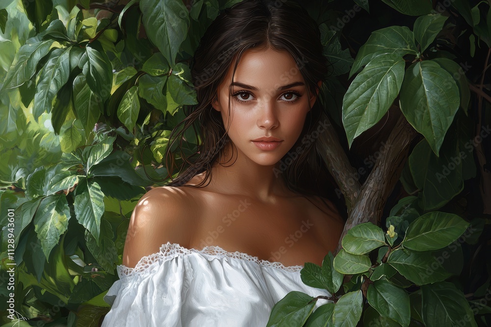 A peaceful depiction of a young lady enveloped in lush plants and soft lighting.
