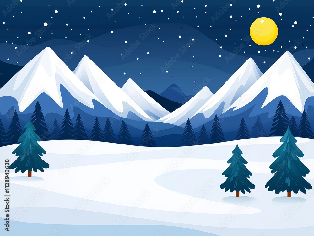 Obraz premium A tranquil winter scene with mountains, snow, and the sun setting.