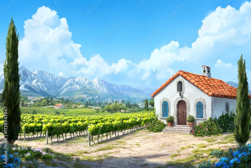 A tranquil vineyard landscape with a charming rustic home and mountains behind. A tranquil vineyard landscape with a charming rustic home and mountains behind.