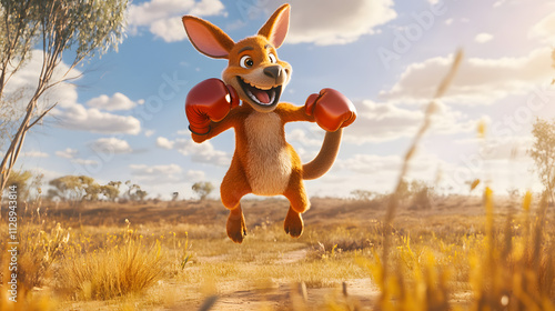 A joyful 3D cartoon kangaroo with boxing gloves jumping in a sunny outback landscape. photo