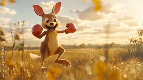 A joyful 3D cartoon kangaroo with boxing gloves jumping in a sunny outback landscape. photo