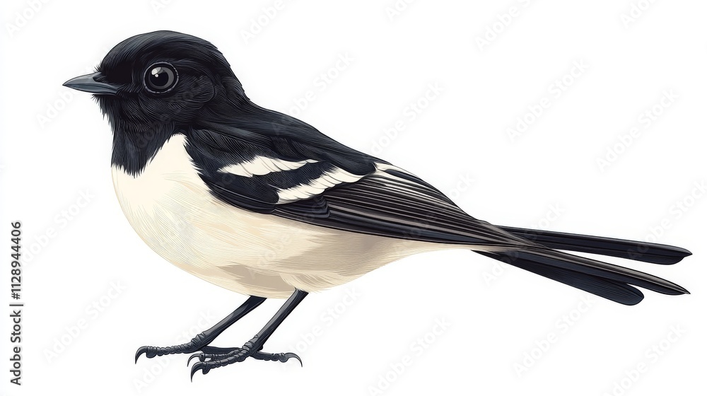Fototapeta premium A simple black and white 2D cartoon of a bird perched, flat vector style, with a plain white background
