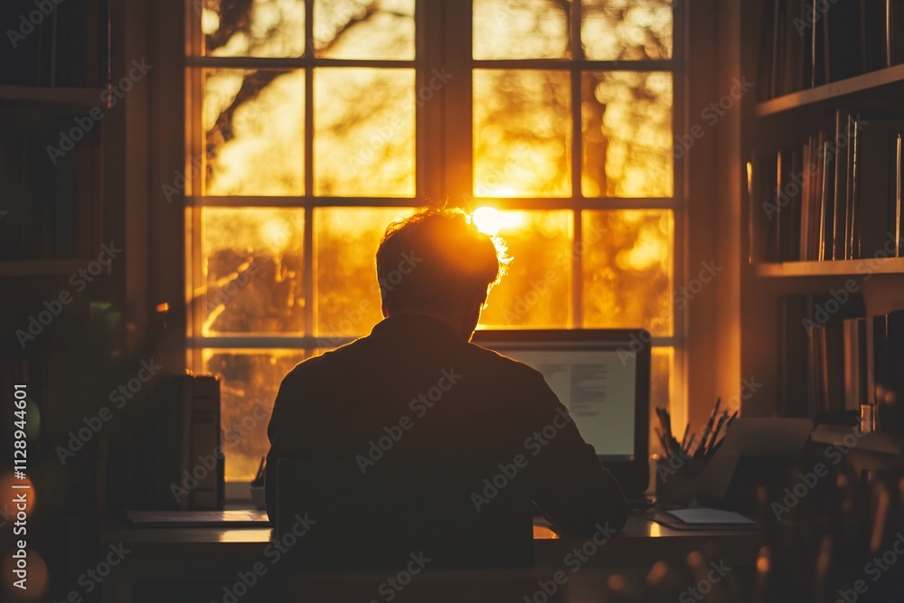 A writer’s silhouette in a cozy home office, seen through a window with soft, warm tones, bookshelves and writing tools blurred in the background, creating a focused and creative atmosphere 4 A writer’s silhouette in a cozy home office, seen through a window with soft, warm tones, bookshelves and writing tools blurred in the background, creating a focused and creative atmosphere 4