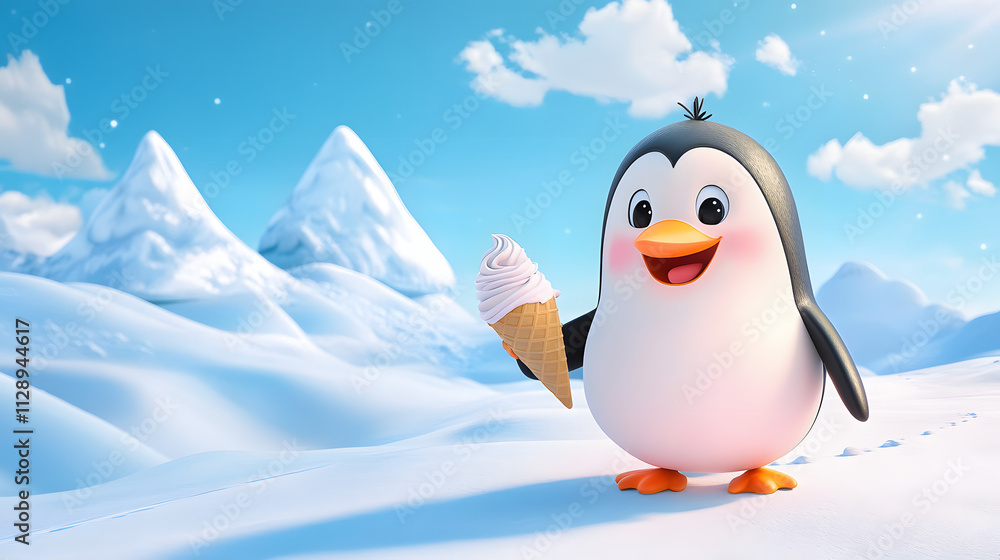 Obraz premium A joyful cartoon penguin holding an ice cream cone on a snowy slope.