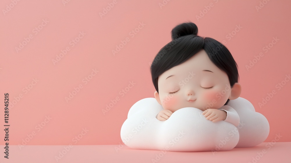 Cute cartoon girl sleeping peacefully on a fluffy white cloud against a soft pink background. Cute cartoon girl sleeping peacefully on a fluffy white cloud against a soft pink background.