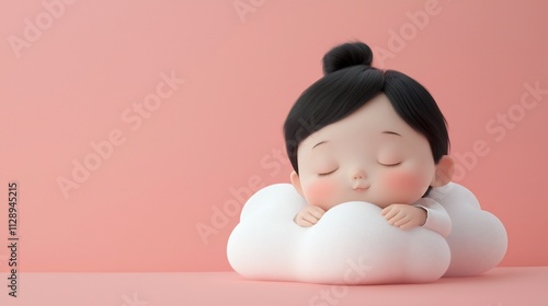 Cute cartoon girl sleeping peacefully on a fluffy white cloud against a soft pink background.