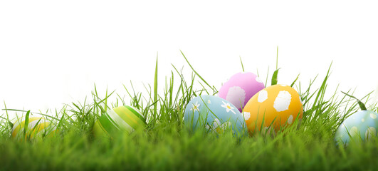 A collection of 6 painted easter eggs celebrating a Happy Easter with green grass and blurred green grass foreground and isolated against a transparent background template.