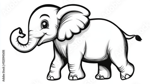 A simple black and white cartoon of an elephant lifting its trunk, flat vector design, on a white background. photo