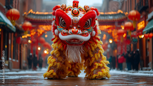 Vibrant Lion Dance Performance in a Festive Chinatown Street during Lunar New Year Celebration